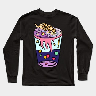 Aesthetic Cat Drinking Boba Milk on Aesthetic Land - Blue Long Sleeve T-Shirt